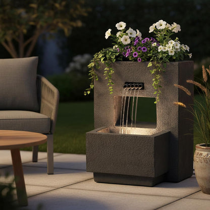 Gartenbrunnen mit Beleuchtung bepflanzbar Betonoptik 57 cm Springbrunnen