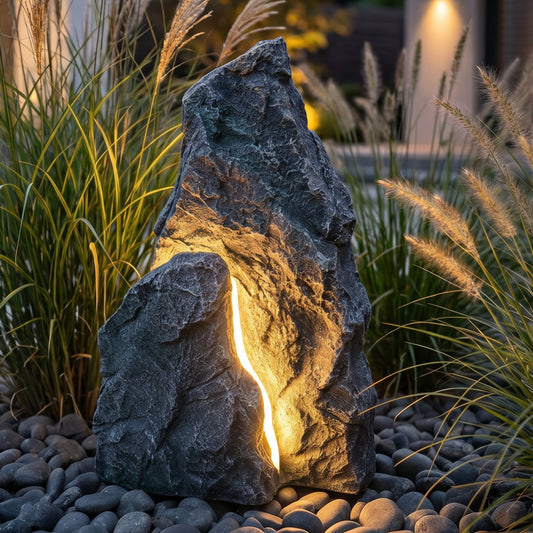 LED Leuchtfelsen Garten 48 cm, Felsleuchte in realistischer Steinoptik, warmweißer LED-Stripe, Polyresin Gartenbeleuchtung mit 12V IP44 Netzteil, 3 m Kabel, dekorative Steinlampe für Terrasse & Beet