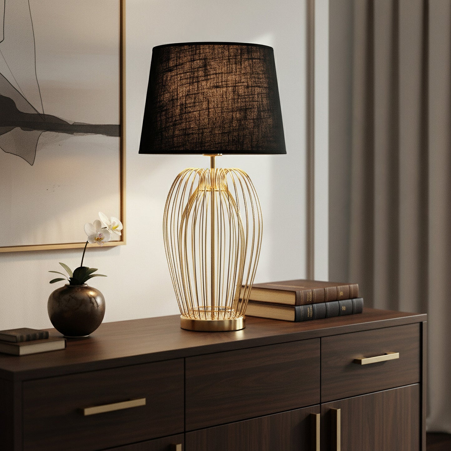 Arnusa Tischleuchte TLC013 Gold Schwarz – 63 cm Design Tischlampe mit Metallfuß in Drahtoptik & Stoffschirm – E27 Fassung, 32,5 cm Ø – Nachttischlampe Wohnzimmer Schlafzimme