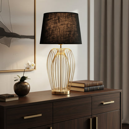 Arnusa Tischleuchte TLC013 Gold Schwarz – 63 cm Design Tischlampe mit Metallfuß in Drahtoptik & Stoffschirm – E27 Fassung, 32,5 cm Ø – Nachttischlampe Wohnzimmer Schlafzimme
