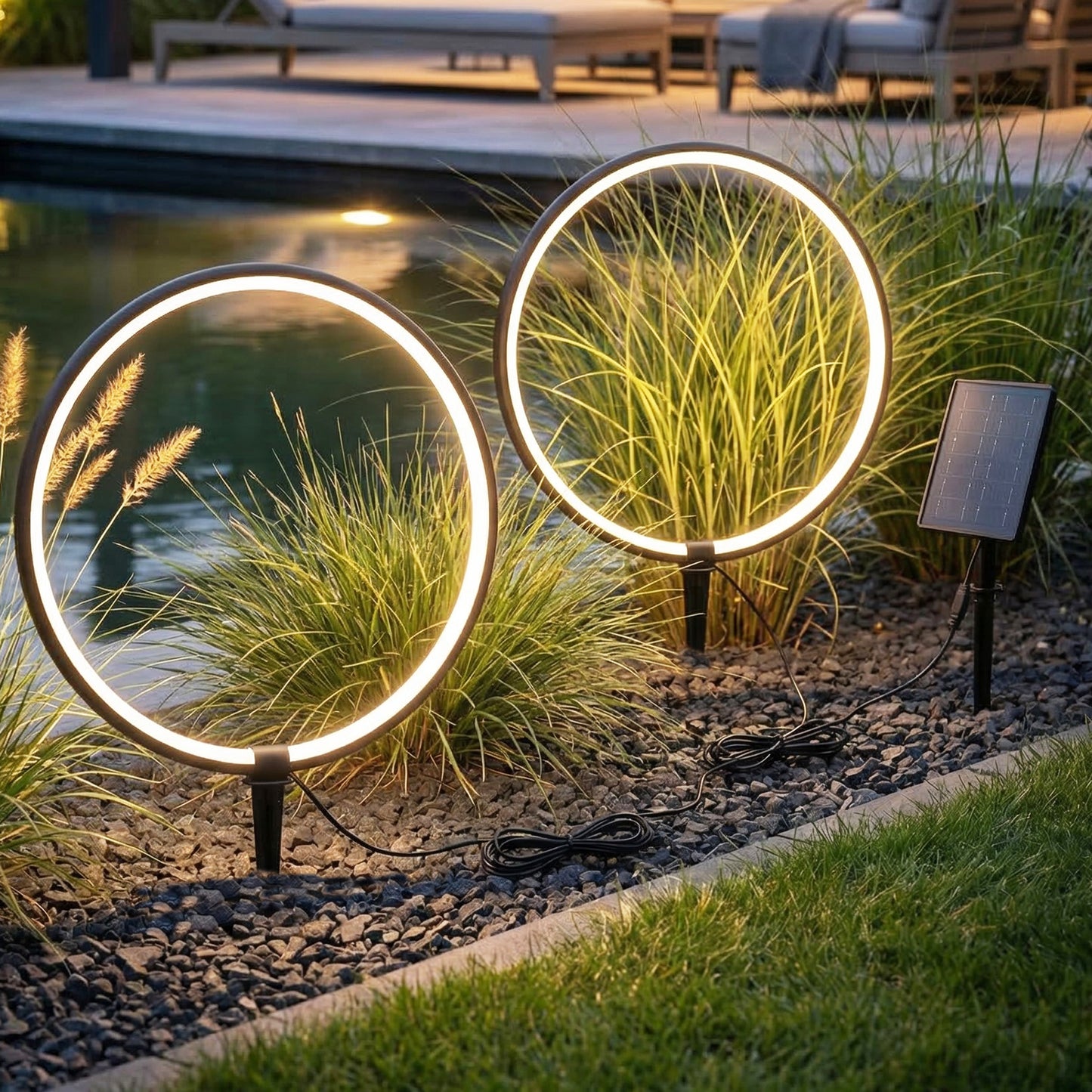 Solar Gartenleuchten LED Solar Gartenstecker modern, Solarleuchte Garten Leuchtringe Design warmweiß, Aluminium