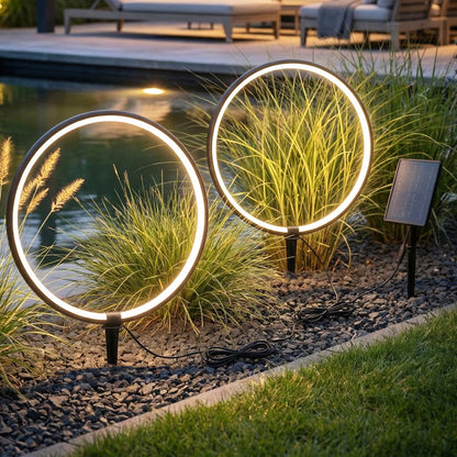Solar Gartenleuchten LED Solar Gartenstecker modern, Solarleuchte Garten Leuchtringe Design warmweiß, Aluminium