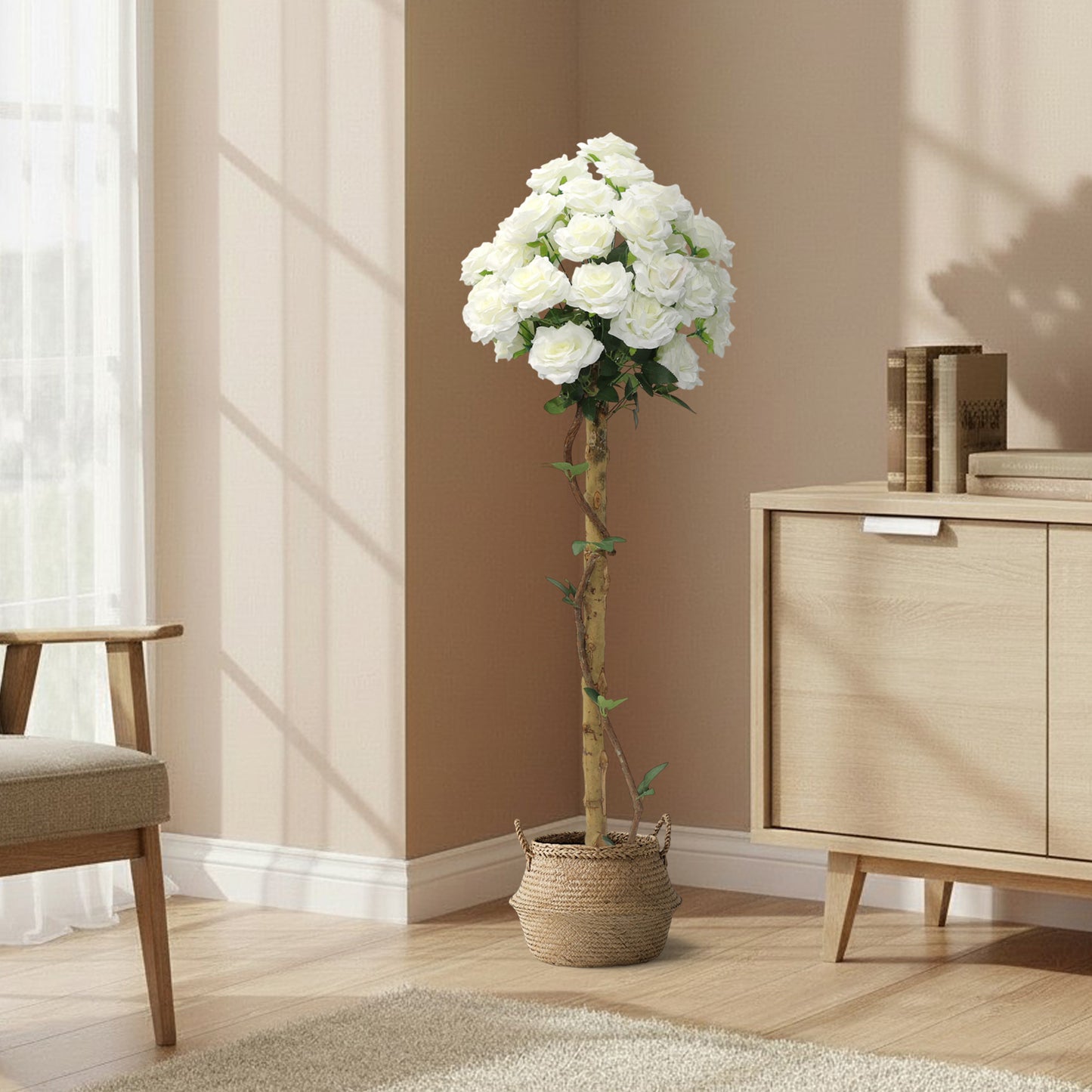 Künstliche Stockrose weiß – Kunstpflanze mit Echtholzstamm – 120 cm / 150 cm – realistische Rosen Deko für Wohnzimmer, Hochzeit, Event & Location