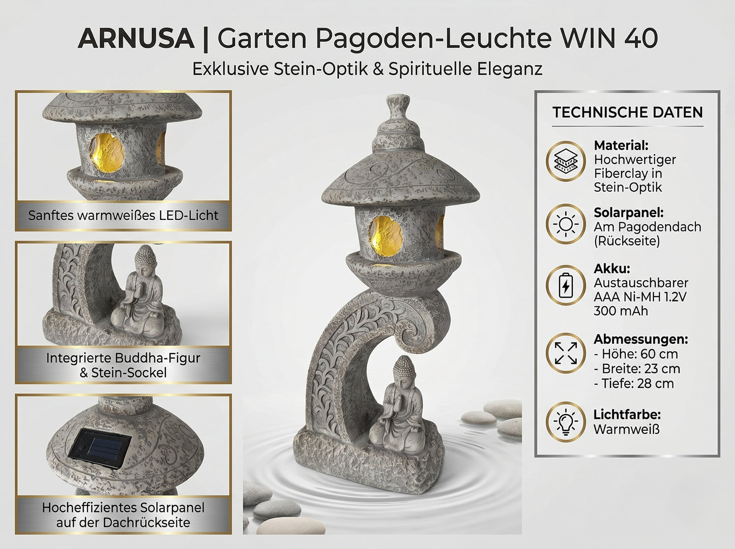 Solar Gartenleuchte Pagode 60 cm – LED Gartenlampe in Steinoptik mit Buddha – warmweiß – Solar Laterne für Garten, Terrasse & Teich