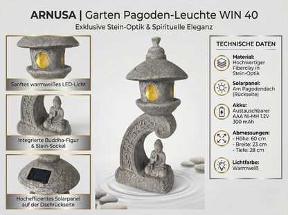 Solar Gartenleuchte Pagode 60 cm – LED Gartenlampe in Steinoptik mit Buddha – warmweiß – Solar Laterne für Garten, Terrasse & Teich