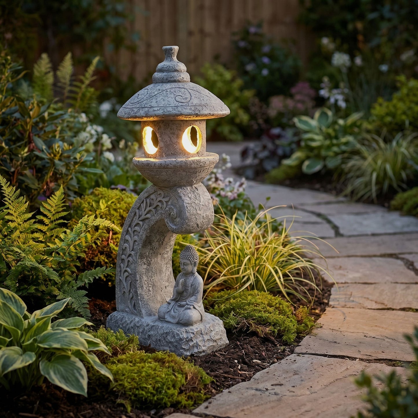 Solar Gartenleuchte Pagode 60 cm – LED Gartenlampe in Steinoptik mit Buddha – warmweiß – Solar Laterne für Garten, Terrasse & Teich