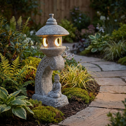 Solar Gartenleuchte Pagode 60 cm – LED Gartenlampe in Steinoptik mit Buddha – warmweiß – Solar Laterne für Garten, Terrasse & Teich