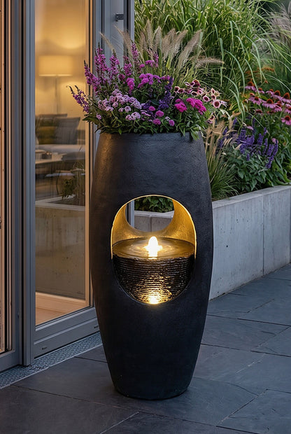 Großer Gartenbrunnen 91 cm bepflanzbar, Indoor & Outdoor Brunnen aus Polyresin, moderner Zimmerbrunnen mit LED-Beleuchtung, Pflanzkübel Springbrunnen für Terrasse Garten Balkon