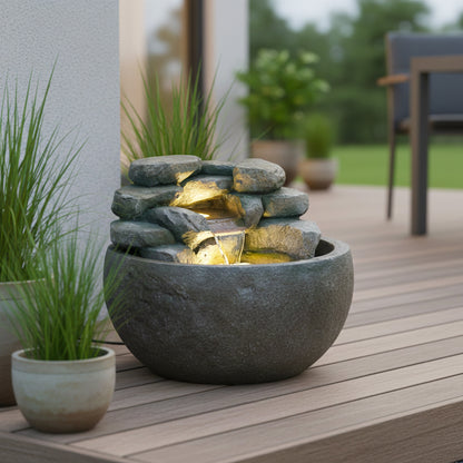 Gartenbrunnen BK911 Ø50 cm – Runder Springbrunnen in Steinoptik mit Wasserfall, warmweiße LED Beleuchtung Deko Teich