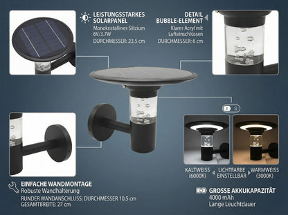 Solar Außenwandleuchte TB-238 LED Wandlampe mit Bubble-Effekt, Warmweiß/Kaltweiß, dimmbar, 6V 3,7W Solarpanel, 4000mAh Akku, Aluminium, IP44, moderne Gartenleuchte für Hauswand Eingang