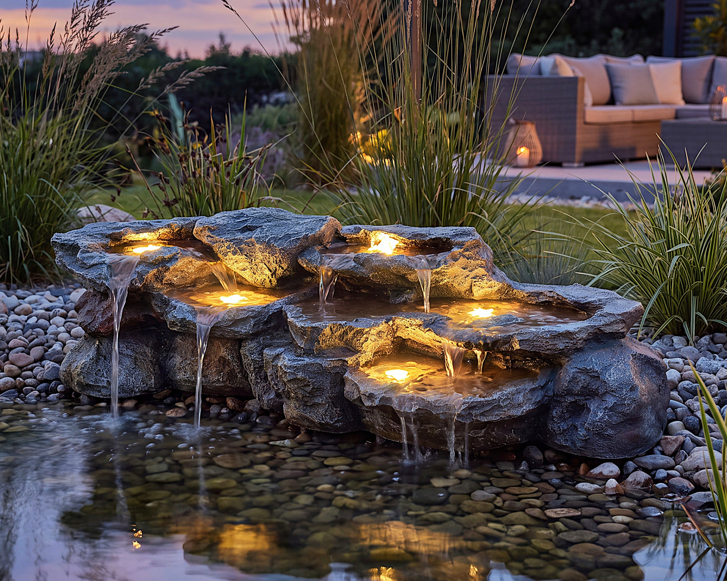 Großer Wasserfall für Teich BK-T200, 109 cm Kunstfelsen mit Pumpe & 5 LED
