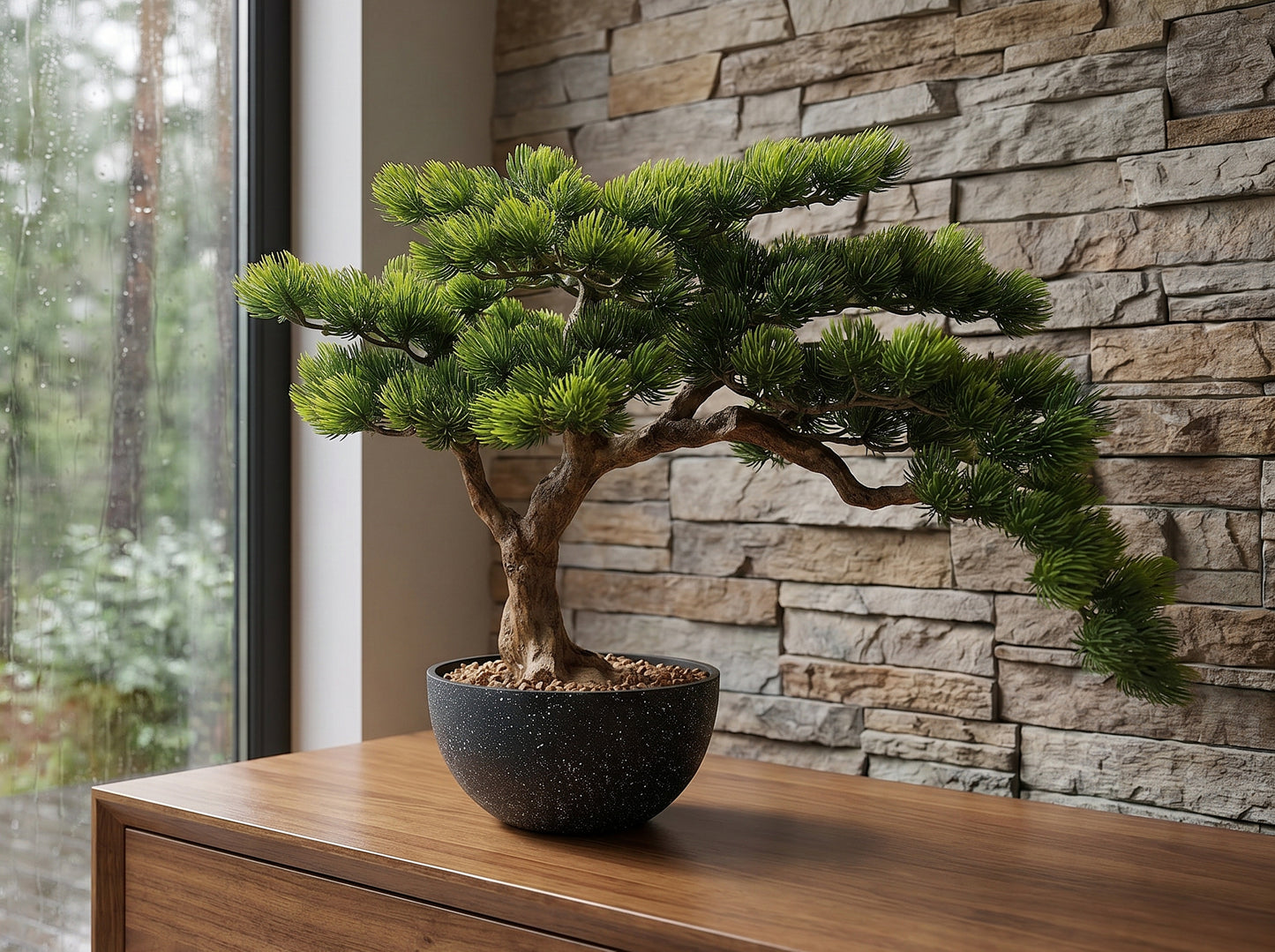 künstlicher Bonsai 60 cm im Topf, Premium Kunstbonsai mit festem Kiesbett, dekorativer Bonsaibaum kunstpflanze