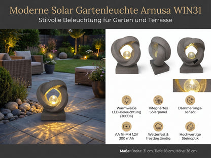 Solarleuchte Skulptur Granit-Optik moderne Solarlampe Gartendeko beleuchtet  31x38 cm