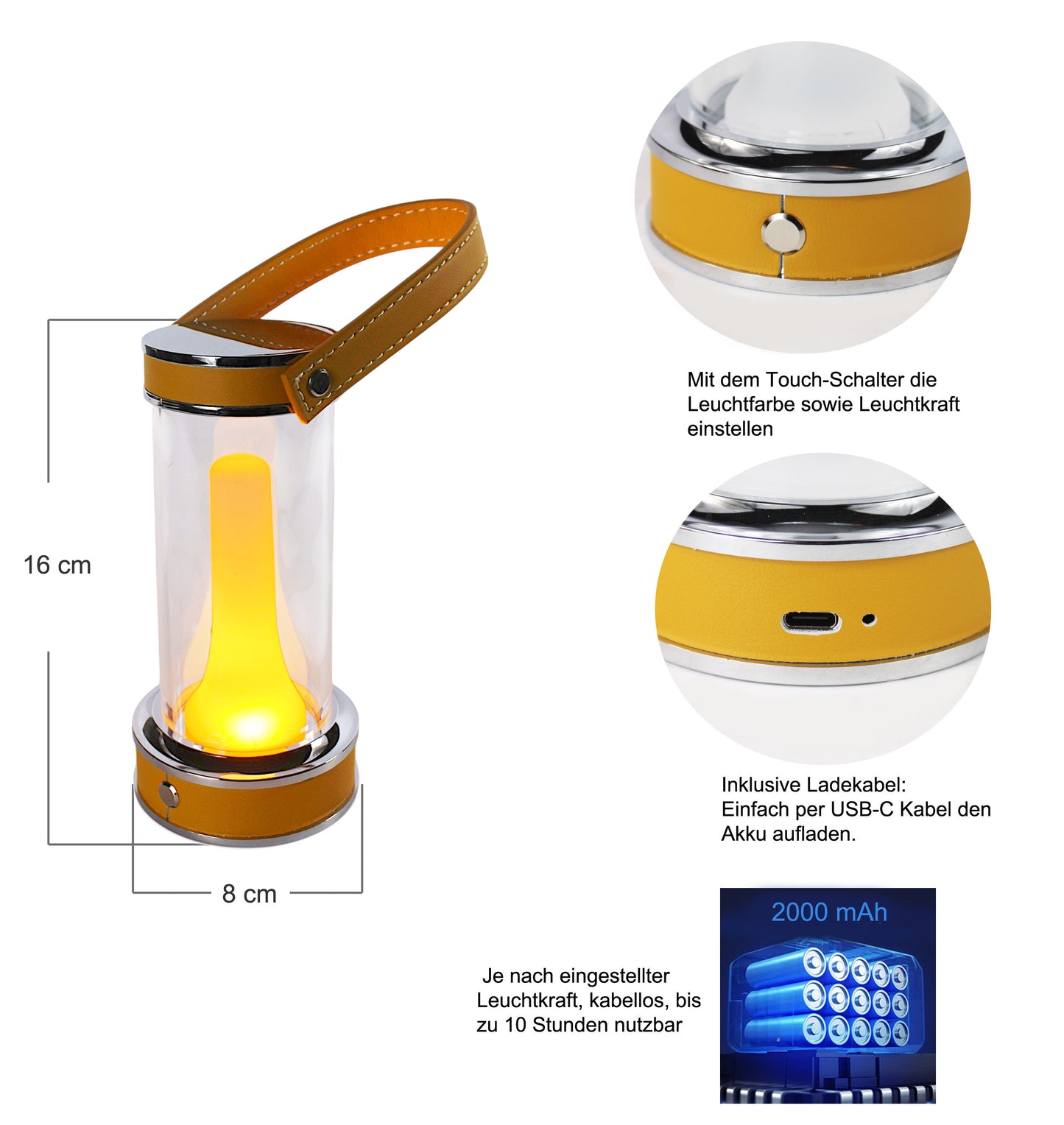 LED Akku Tischlampe Retro Tischleuchte kabellos Touch dimmbar 3 Leuchtfarben Camping Lampe Gartentischleuchte