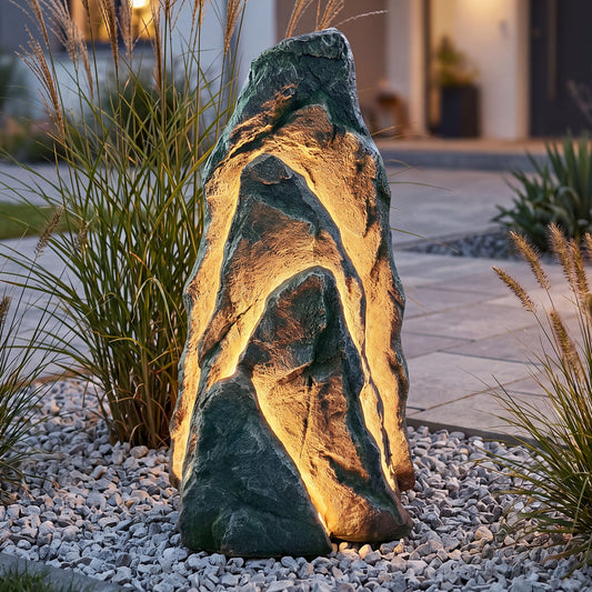 Großer LED Leuchtfelsen Garten 80 cm, beleuchtete Felsdeko mit warmweißen LED-Stripes, realistische Steinoptik aus Polyresin, 12V IP44 Netzteil, 3 m Kabel, Outdoor Gartenbeleuchtung für Terrasse & Eingangsbereich