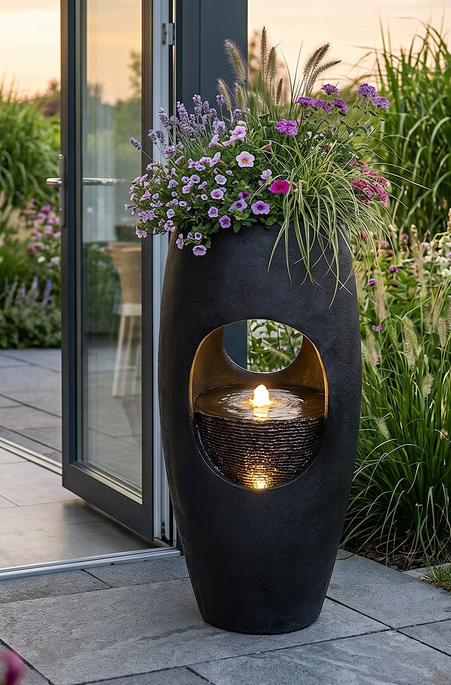 Großer Gartenbrunnen 91 cm bepflanzbar, Indoor & Outdoor Brunnen aus Polyresin, moderner Zimmerbrunnen mit LED-Beleuchtung, Pflanzkübel Springbrunnen für Terrasse Garten Balkon