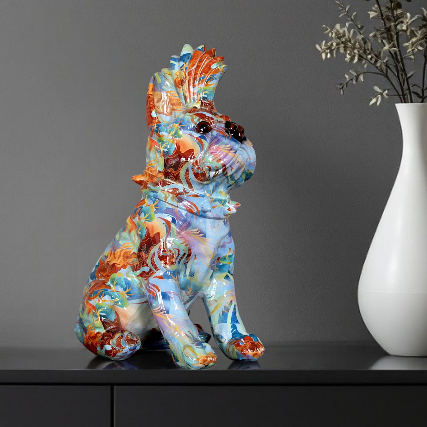 Bunte Bulldogge Dekofigur im Pop Art Design Moderne Hundeskulptur 32 cm Hoch