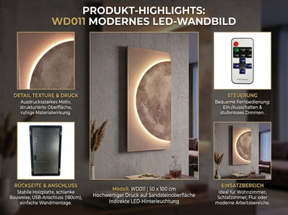 LED Wandbild 100 x 50 cm mit indirekter Beleuchtung, Mond Wanddekoration mit Sandsteinstruktur, dimmbar per Fernbedienung, USB, moderne Wanddeko Wohnzimmer Schlafzimmer