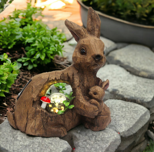 Solar Gartenfigur Hase mit Glaskugel Hasenfamilie Tierfigur Gartendekoration Solarlampe