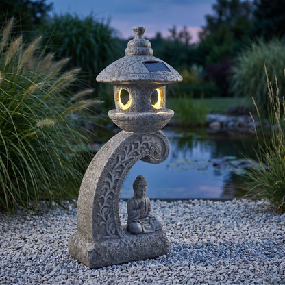 Solar Gartenleuchte Pagode 60 cm – LED Gartenlampe in Steinoptik mit Buddha – warmweiß – Solar Laterne für Garten, Terrasse & Teich