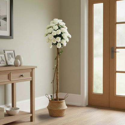 Künstliche Stockrose weiß – Kunstpflanze mit Echtholzstamm – 120 cm / 150 cm – realistische Rosen Deko für Wohnzimmer, Hochzeit, Event & Location