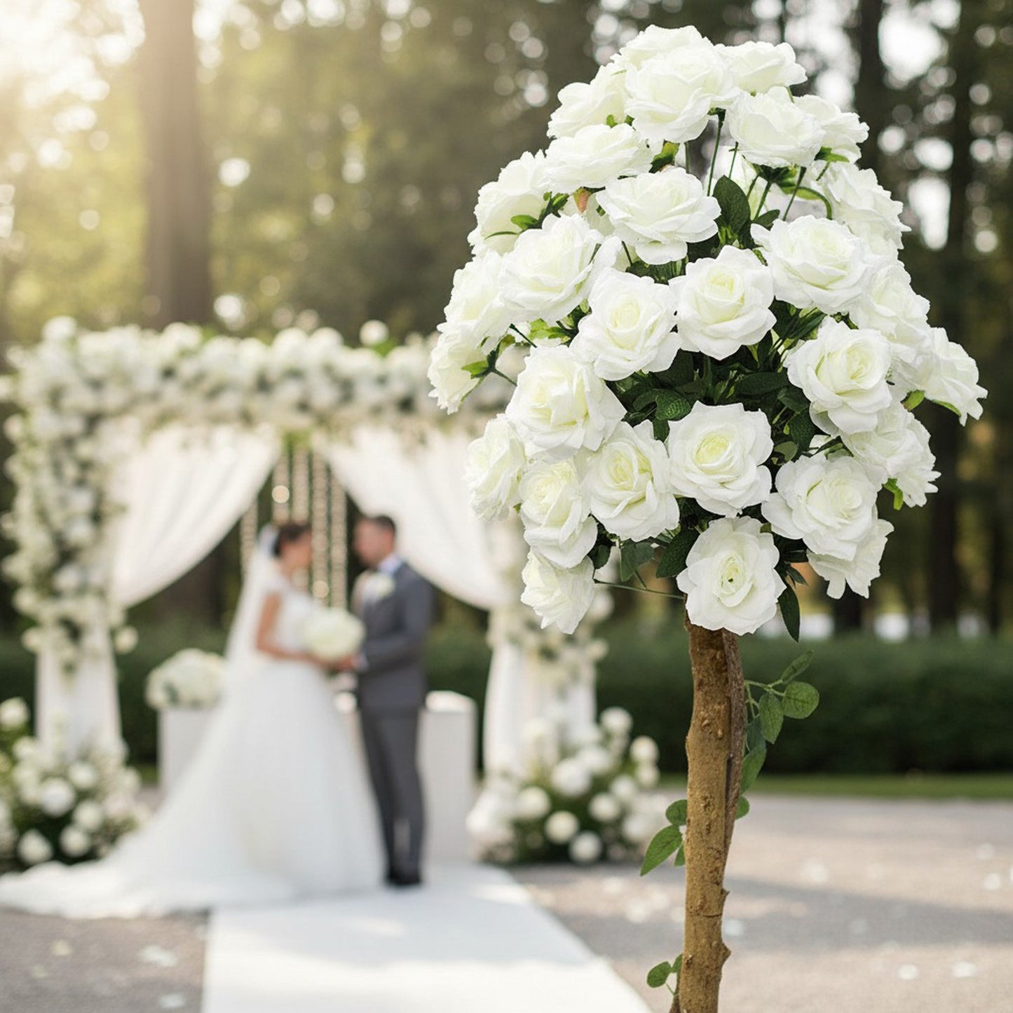 Künstliche Stockrose weiß – Kunstpflanze mit Echtholzstamm – 120 cm / 150 cm – realistische Rosen Deko für Wohnzimmer, Hochzeit, Event & Location