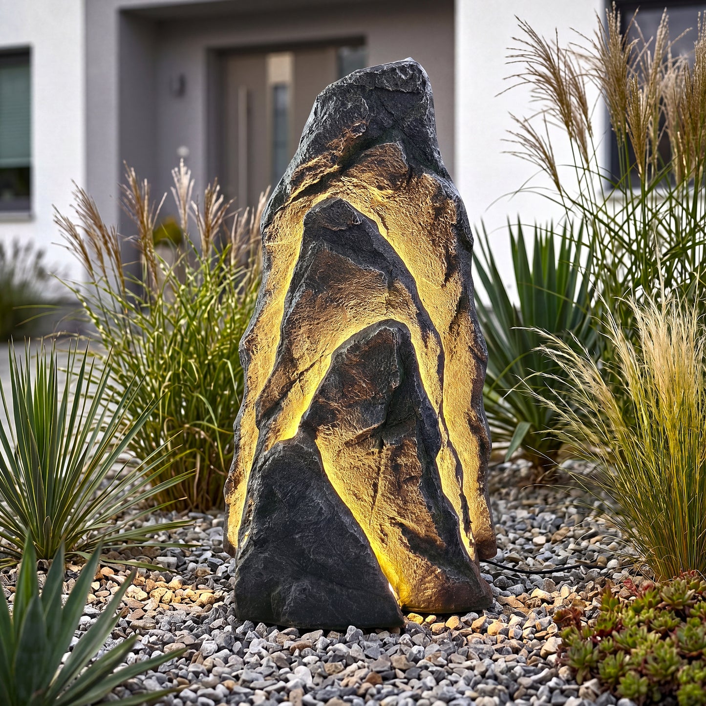Großer LED Leuchtfelsen Garten 80 cm, beleuchtete Felsdeko mit warmweißen LED-Stripes, realistische Steinoptik aus Polyresin, 12V IP44 Netzteil, 3 m Kabel, Outdoor Gartenbeleuchtung für Terrasse & Eingangsbereich