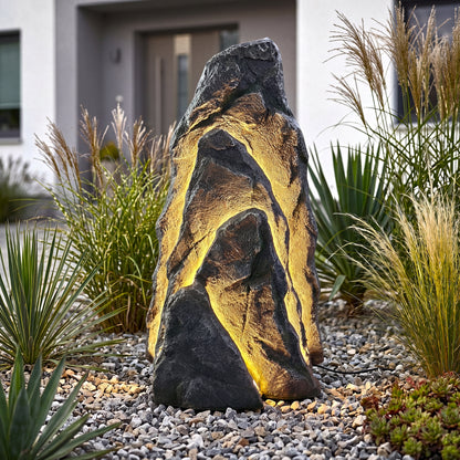 Großer LED Leuchtfelsen Garten 80 cm, beleuchtete Felsdeko mit warmweißen LED-Stripes, realistische Steinoptik aus Polyresin, 12V IP44 Netzteil, 3 m Kabel, Outdoor Gartenbeleuchtung für Terrasse & Eingangsbereich