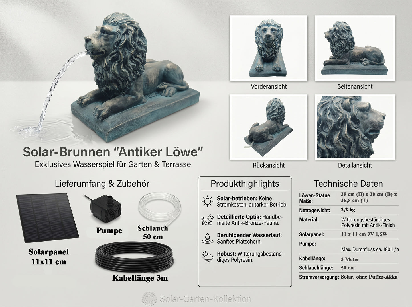 Löwe Solar Brunnen Wasserspeier solarbetrieben – Teichfigur mit Solarpumpe & Wasserspiel – Gartendeko aus Polyresin in Bronze-Optik 29×20x36,5 cm Solarteichfigur für Gartenteich & Wasserlauf