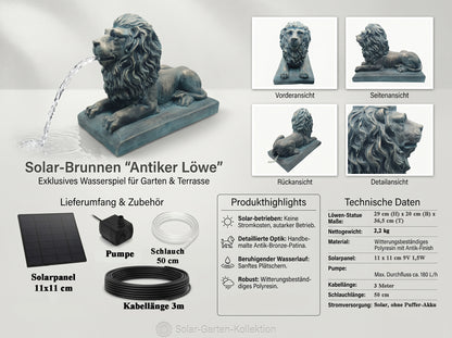 Löwe Solar Brunnen Wasserspeier solarbetrieben – Teichfigur mit Solarpumpe & Wasserspiel – Gartendeko aus Polyresin in Bronze-Optik 29×20x36,5 cm Solarteichfigur für Gartenteich & Wasserlauf