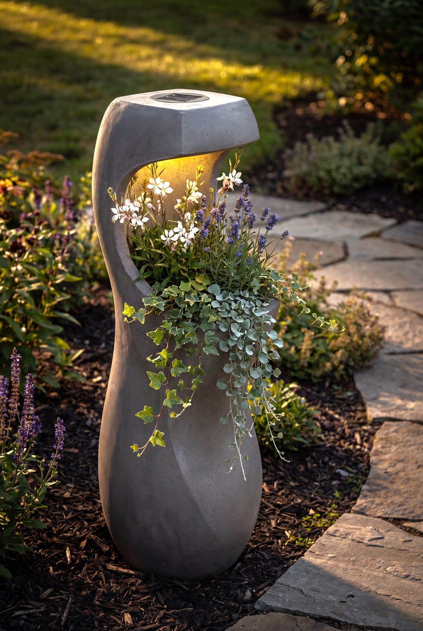 Design Pflanzkübel mit Solar LED Beleuchtung WIN 33 – 71 cm Blumentopf in Betonoptik, großer Blumentopf für Garten & Terrasse, wetterfest, beleuchtet