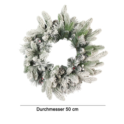 Künstlicher Weihnachtskranz 50 cm verschneit Kunstschnee Tannenzweige mit roten Ilex-Beeren & Tannenzapfen Deko-Kranz Spritzguss Mix