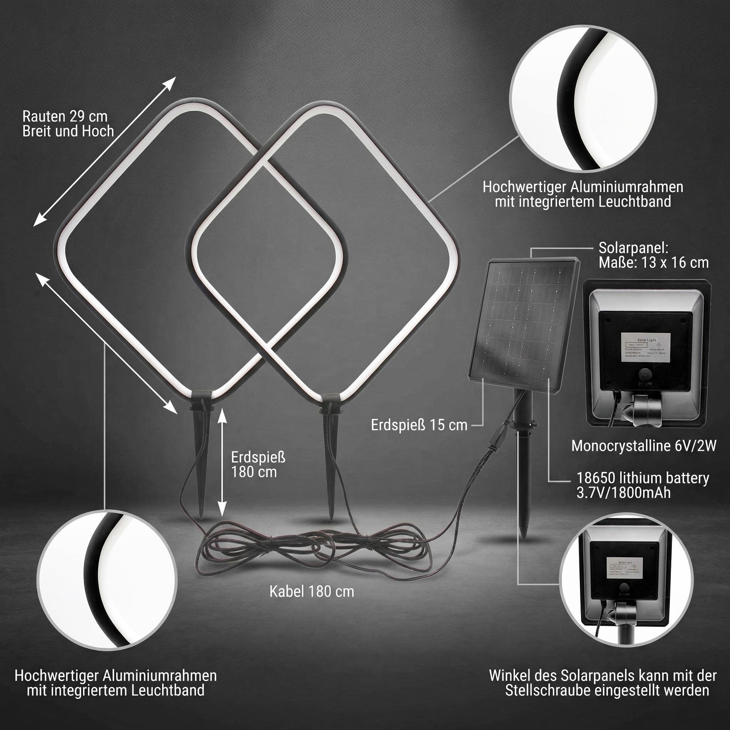 Solar Gartenleuchten 2er Set – LED Solar Gartenstecker modern, Solarleuchte Garten Rauten Design warmweiß, Aluminium