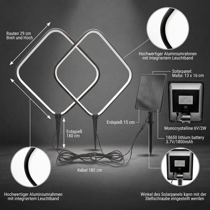Solar Gartenleuchten 2er Set – LED Solar Gartenstecker modern, Solarleuchte Garten Rauten Design warmweiß, Aluminium