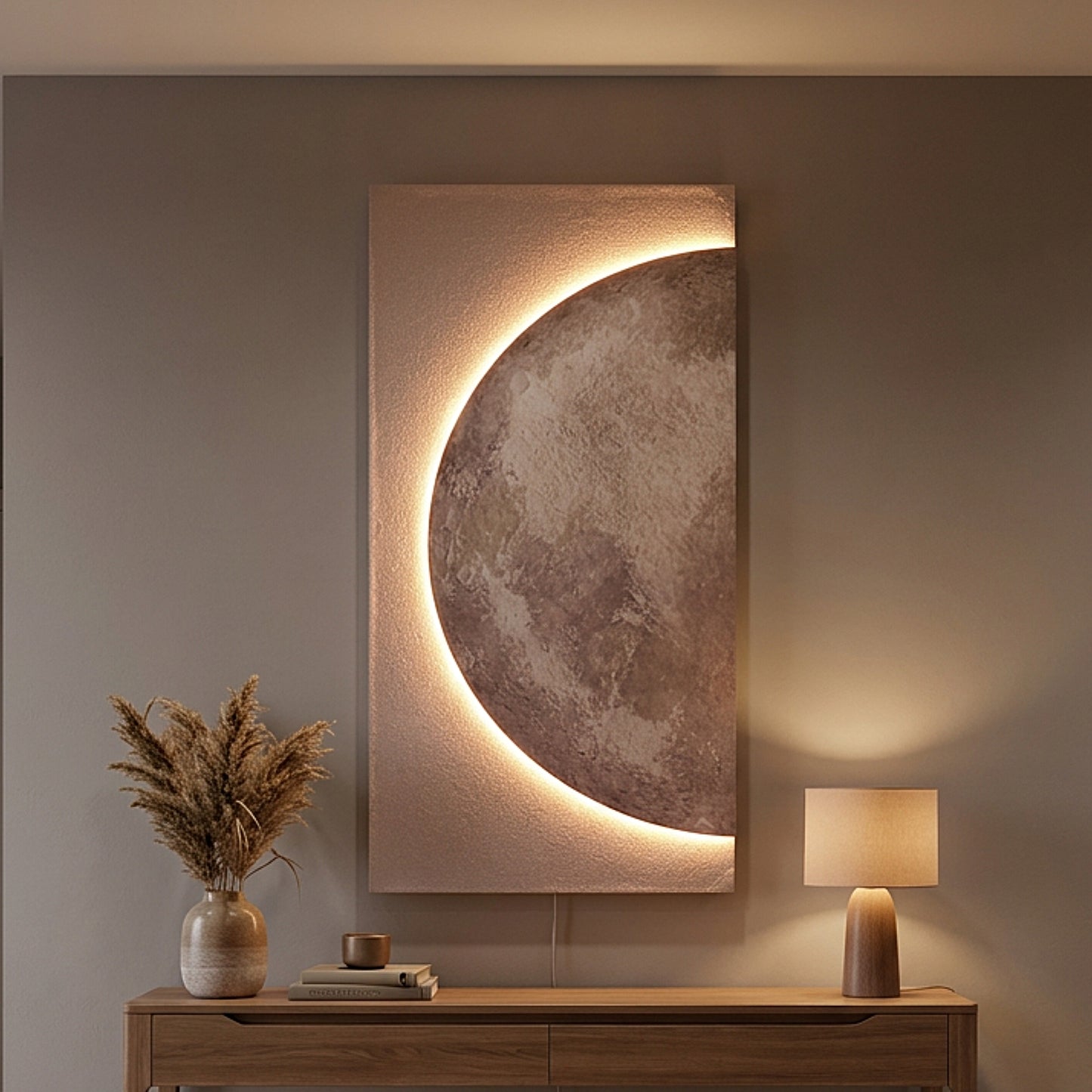 LED Wandbild 100 x 50 cm mit indirekter Beleuchtung, Mond Wanddekoration mit Sandsteinstruktur, dimmbar per Fernbedienung, USB, moderne Wanddeko Wohnzimmer Schlafzimmer