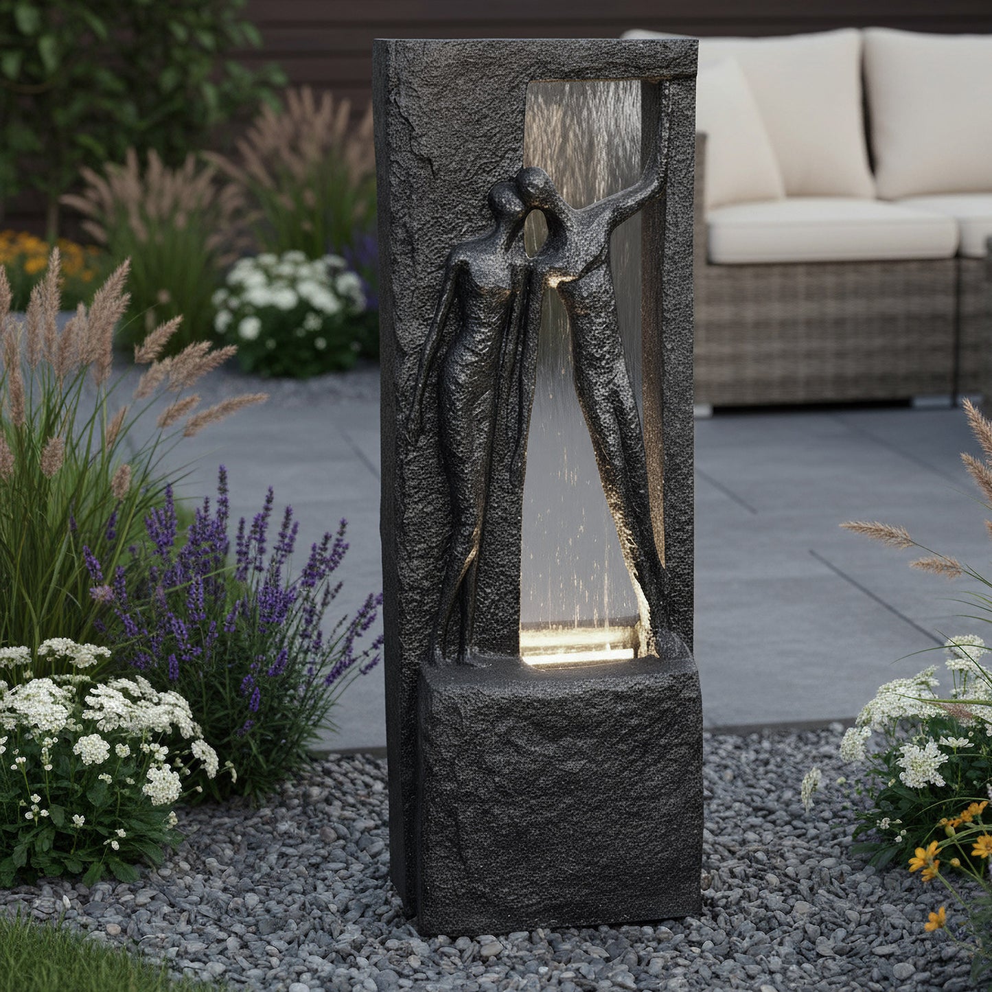 Springbrunnen Gartenbrunnen Zimmerbrunnen mit LED Beleuchtung 99,5cm mit Glasplatte Bronze-Steinoptik