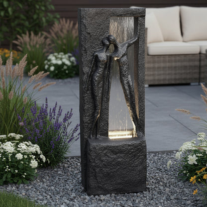 Springbrunnen Gartenbrunnen Zimmerbrunnen mit LED Beleuchtung 99,5cm mit Glasplatte Bronze-Steinoptik