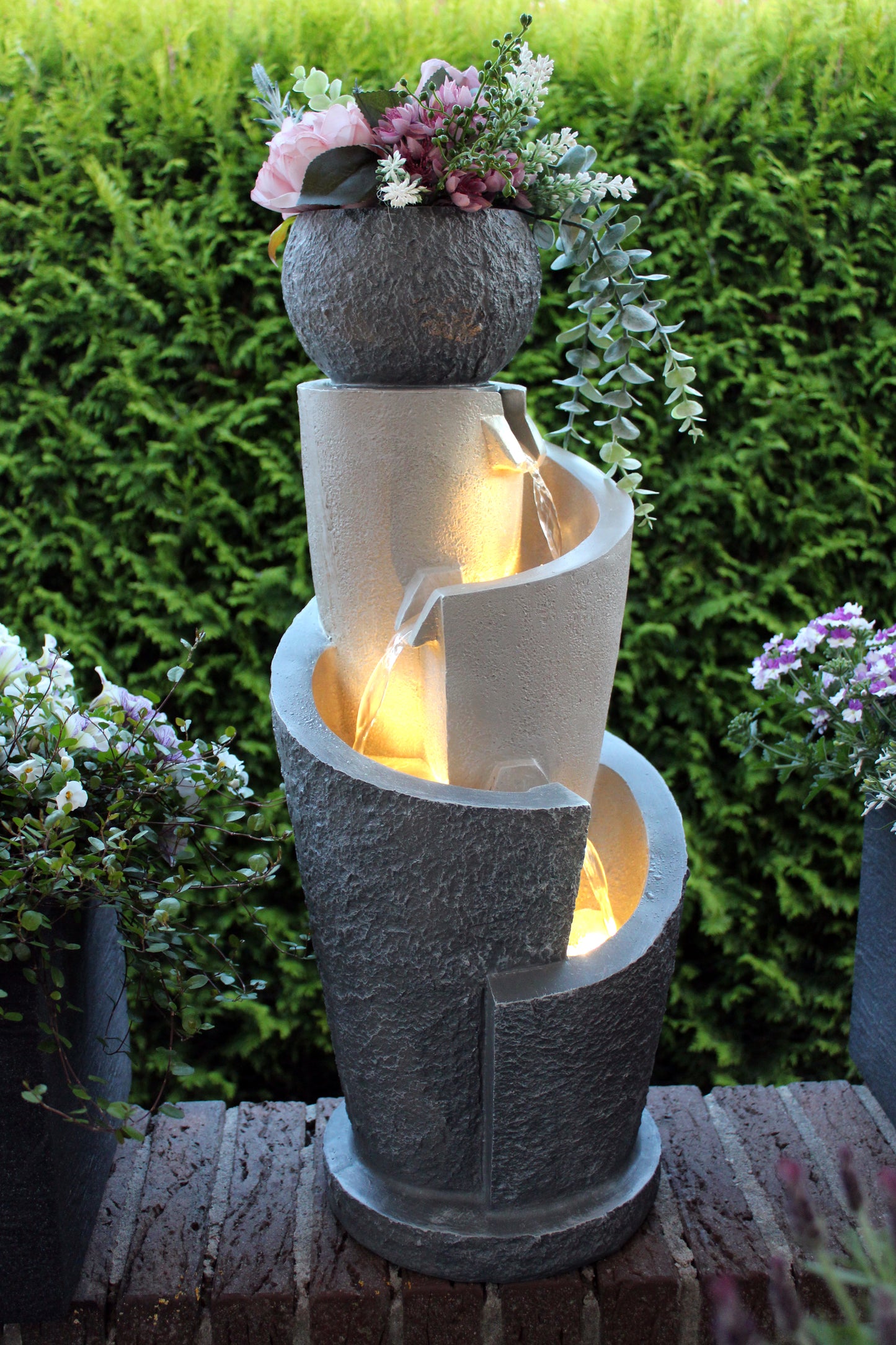 Gartenbrunnen mit LED Beleuchtung 66 cm mit Dekobecken Springbrunnen Wasserspiel