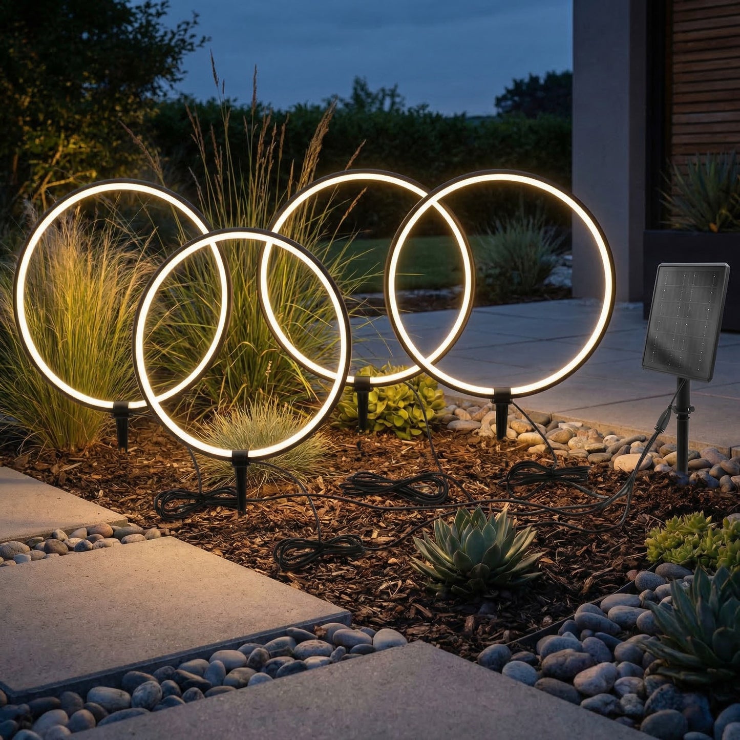 Solar Gartenleuchten LED Solar Gartenstecker modern, Solarleuchte Garten Leuchtringe Design warmweiß, Aluminium