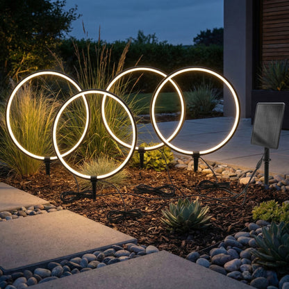 Solar Gartenleuchten LED Solar Gartenstecker modern, Solarleuchte Garten Leuchtringe Design warmweiß, Aluminium