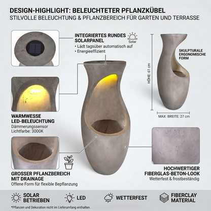 Design Pflanzkübel mit Solar LED Beleuchtung WIN 32 – 61 cm Blumentopf in Betonoptik, großer Blumentopf für Garten & Terrasse, wetterfest, beleuchtet