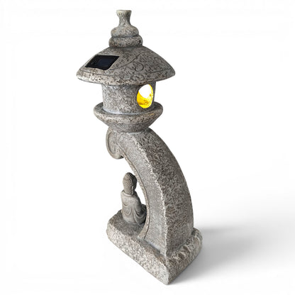 Solar Gartenleuchte Pagode 60 cm – LED Gartenlampe in Steinoptik mit Buddha – warmweiß – Solar Laterne für Garten, Terrasse & Teich