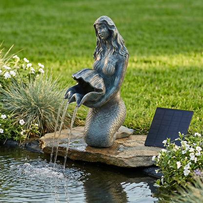 Meerjungfrau Solar Brunnen Wasserspeier solarbetrieben – Teichfigur mit Solarpumpe & Wasserspiel – Gartendeko aus Polyresin in Bronze-Optik 27×14x13 cm Solarteichfigur für Gartenteich & Wasserlauf