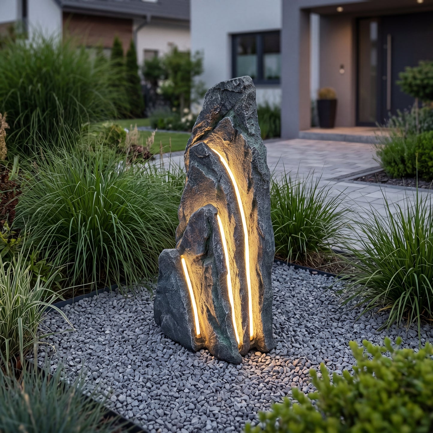 Großer LED Leuchtfelsen Garten 80 cm, beleuchtete Felsdeko mit warmweißen LED-Stripes, realistische Steinoptik aus Polyresin, 12V IP44 Netzteil, 3 m Kabel, Outdoor Gartenbeleuchtung für Terrasse & Eingangsbereich