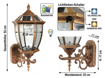 Solar Außenwandleuchte im Vintage Design – LED Gartenlaterne für die Wand kabellos, Warmweiß oder Kaltweiß wählbar, Dämmerungssensor, IP55 wetterfest Aluminium & Glas