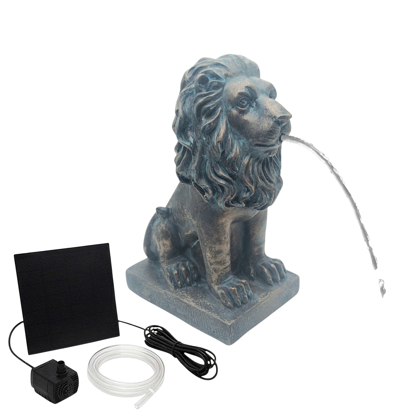 Löwe Solar Brunnen Wasserspeier solarbetrieben – Teichfigur mit Solarpumpe & Wasserspiel – Gartendeko aus Polyresin in Bronze-Optik 21×13x10 cm Solarteichfigur für Gartenteich & Wasserlauf