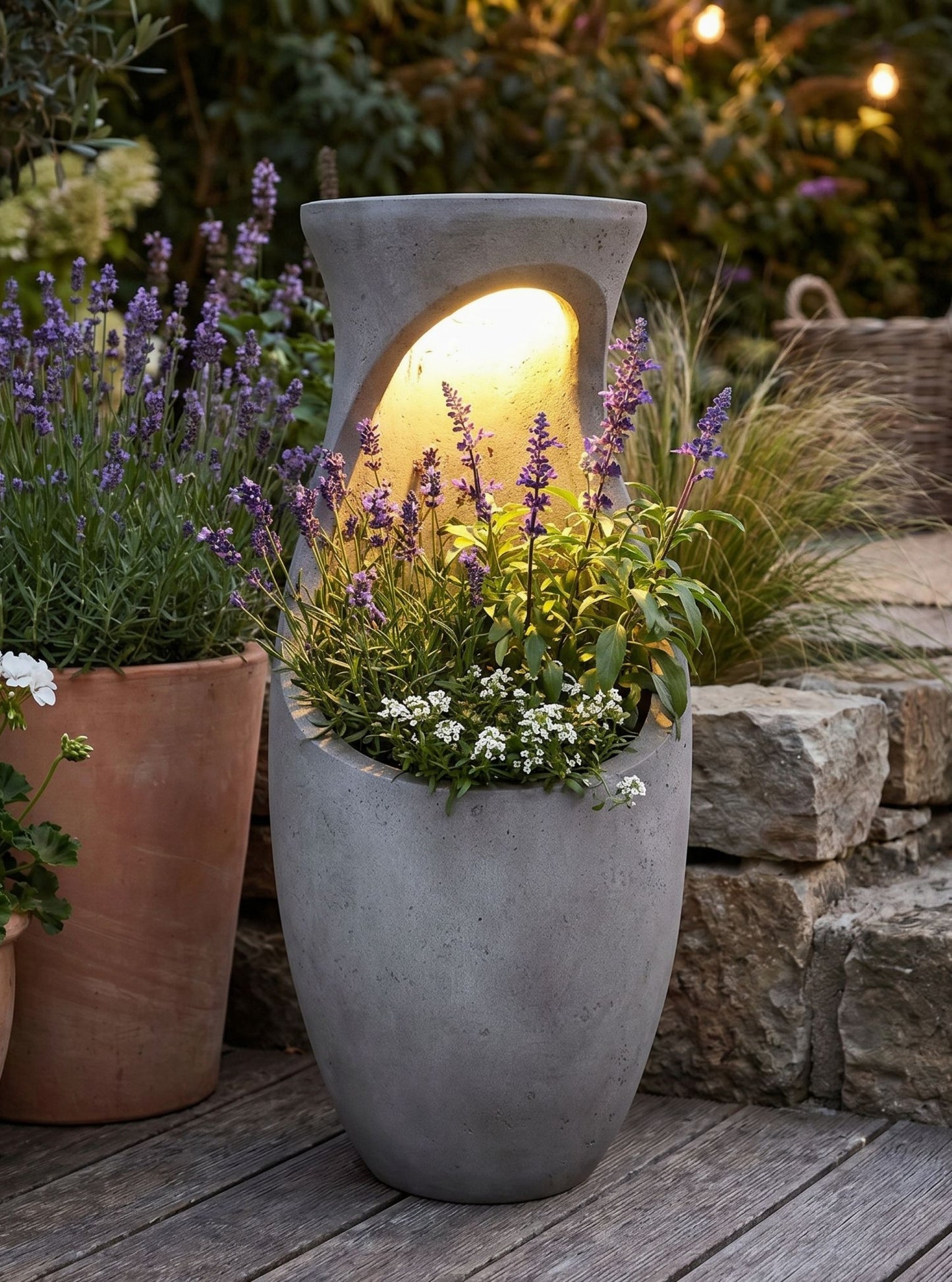 Design Pflanzkübel mit Solar LED Beleuchtung WIN 32 – 61 cm Blumentopf in Betonoptik, großer Blumentopf für Garten & Terrasse, wetterfest, beleuchtet