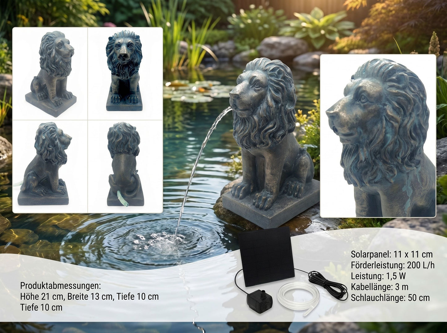Löwe Solar Brunnen Wasserspeier solarbetrieben – Teichfigur mit Solarpumpe & Wasserspiel – Gartendeko aus Polyresin in Bronze-Optik 21×13x10 cm Solarteichfigur für Gartenteich & Wasserlauf