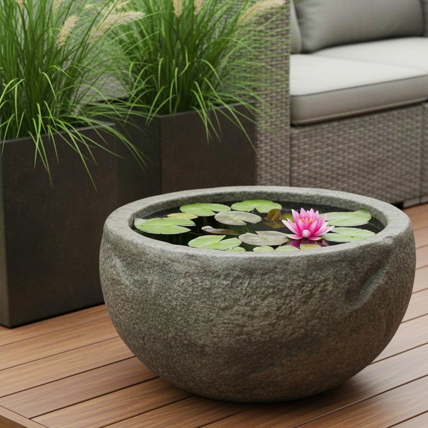 kleiner Teich rund 50 cm in Steinoptik aus Polyresin – Miniteich & kleiner Dekoteich für Garten und Terrasse Wasserschale, Wasserbecken, Vogeltränke für Solarbrunnen oder Wasserspiele