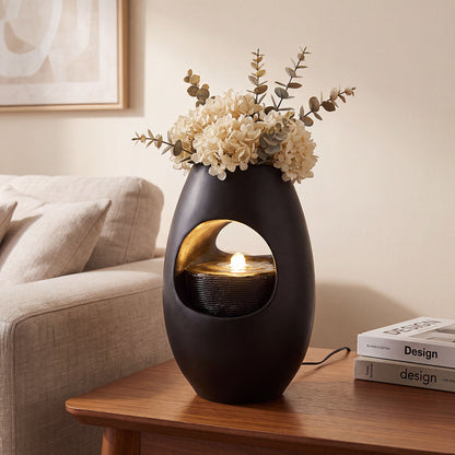 Zimmerbrunnen Blumenvase schwarz BK913 mit LED Beleuchtung Tischbrunnen Vase modern Brunnen Wasserspiel 40 cm